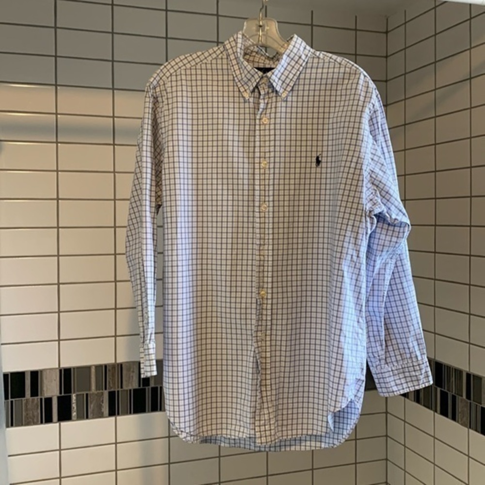 Ralph Lauren Polo Classic Fit Blue White Checkered Long Sleeve Cotton 16.5
